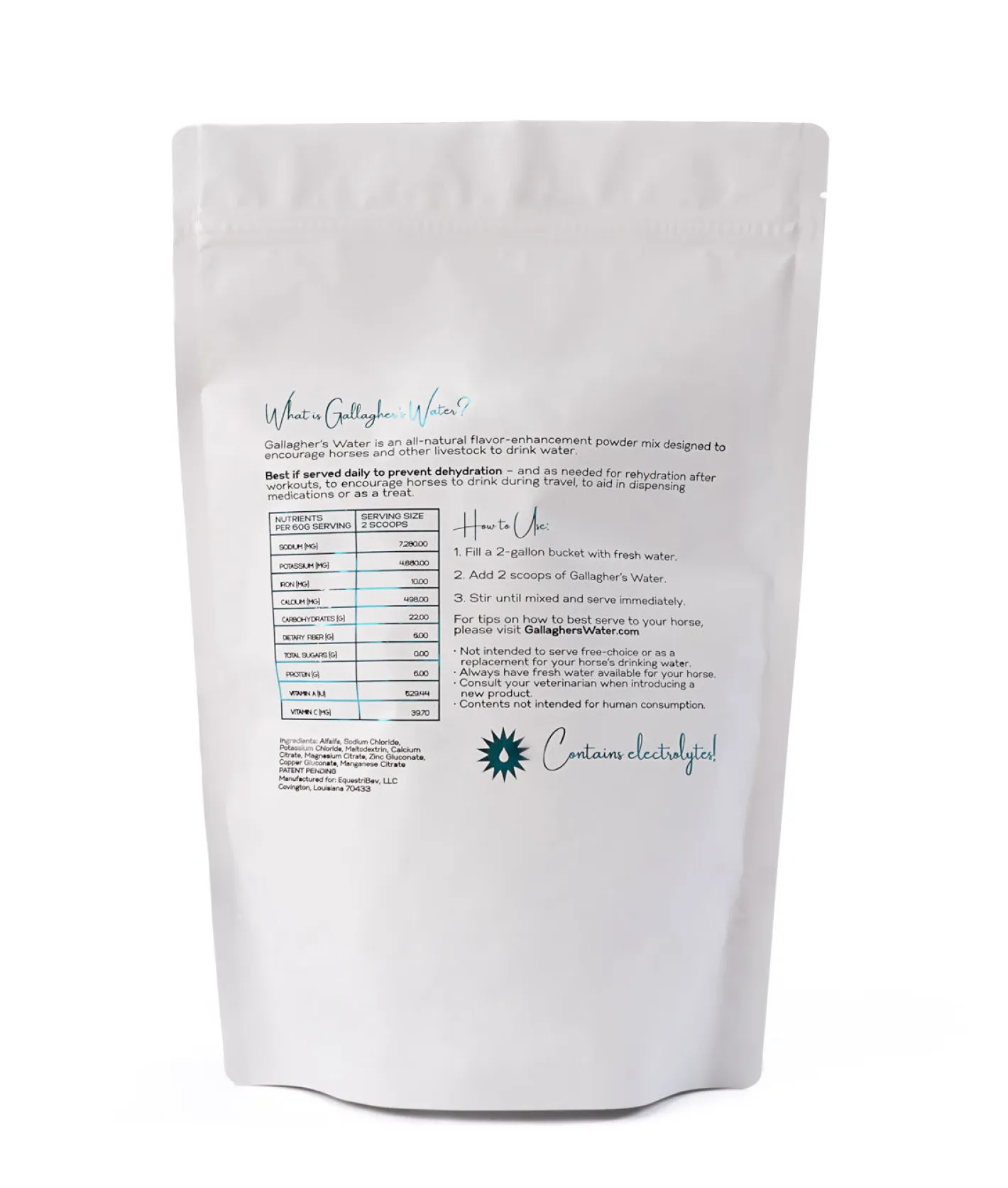 EQUESTRIBEV Gallagher’s Water™ All-Natural Equine Hydration Beverage NO SUGAR ADDED